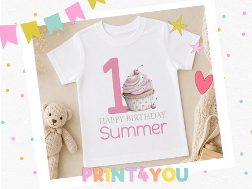 Personalised first birthday t-shirt with pink cupcake design, number one and custom name print