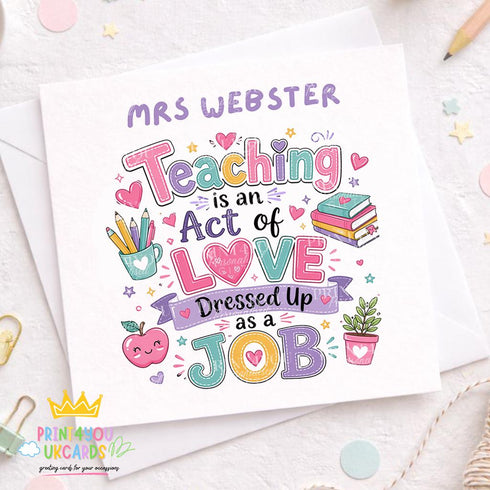 Personalised Teacher Card – Custom Name Thank You Card – End Of Term Gift - Front only