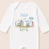 A white onesie with a personalized text and illustrations on it.