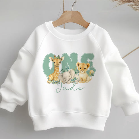 Personalised First Birthday Jumper, Birthday Sweatshirt for Children, I am One, Jungle Safari Jumper, Sage green Text