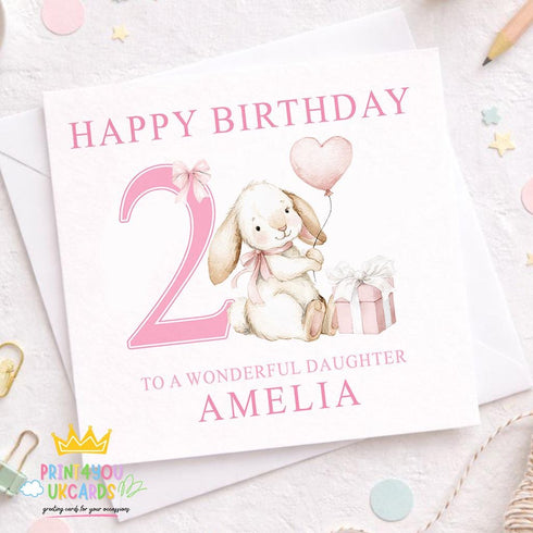 Personalised Bunny Birthday Card – Pink Kids Card with Name & Custom Age