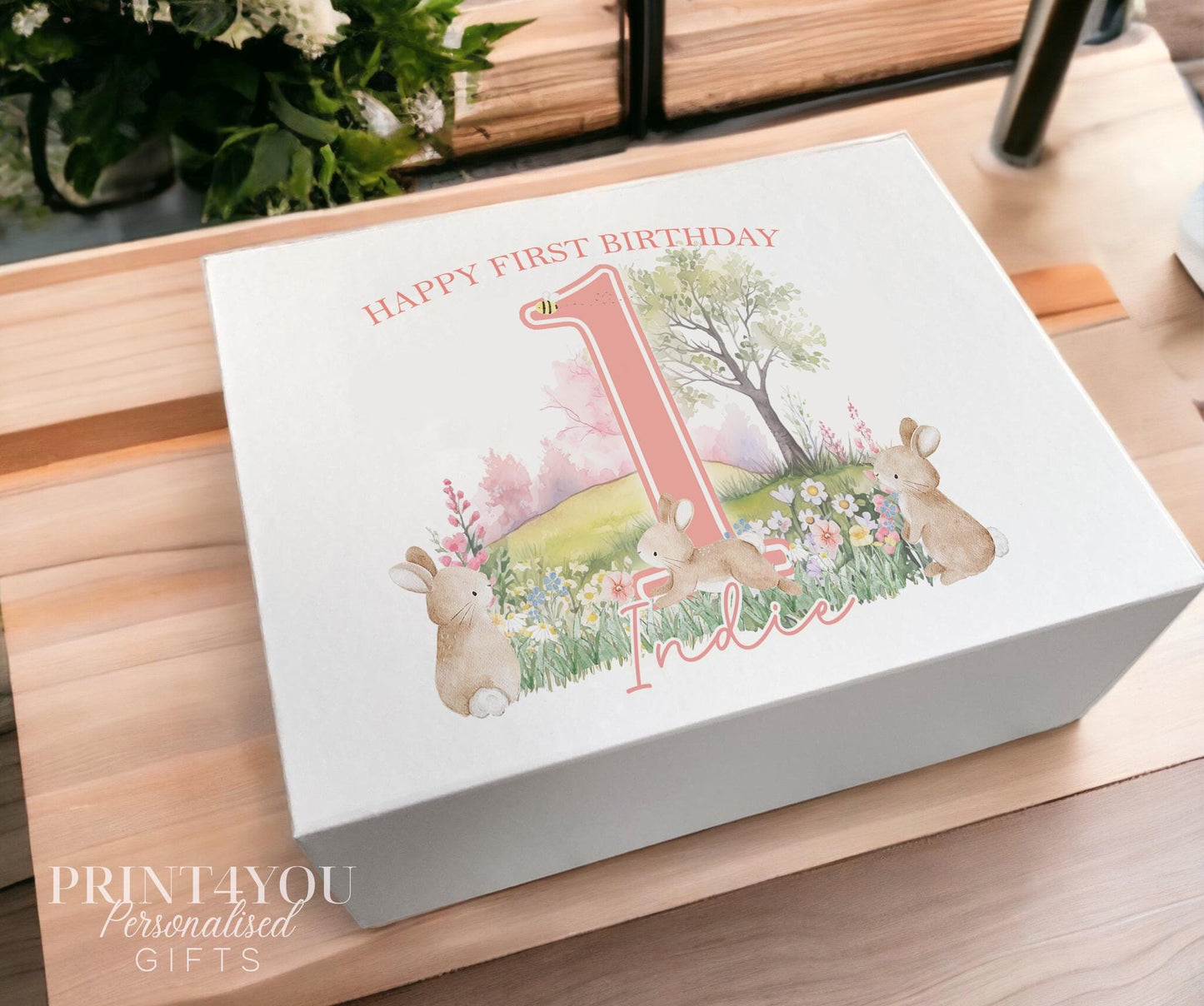 White personalised keepsake box with hop bunny and pastel floral design