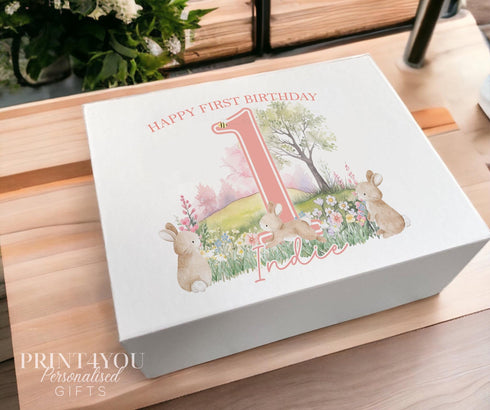 Personalised First Birthday Keepsake Box With Bunnies, Magnetic White Box, Memory Box For Baby, Any Age, Hop Bunny Gift Box
