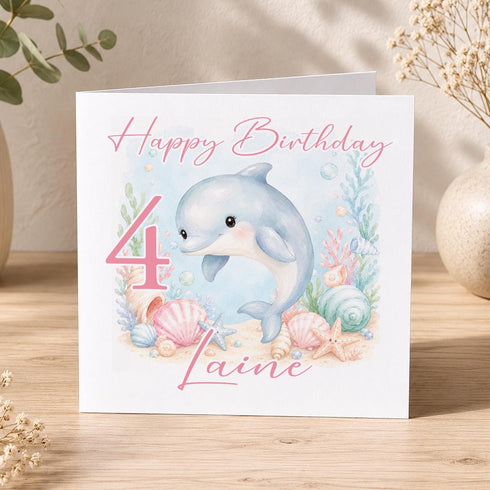 Personalised dolphin birthday card with pastel underwater ocean design, cute birthday card for any age and relation