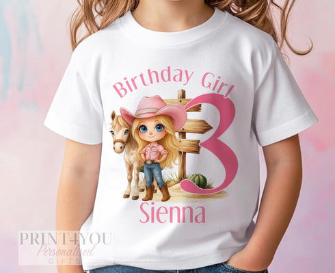 Cowgirl Birthday Girl T-Shirt | Personalised Western Horse Tee | Pink DTG Printed Cotton Shirt for Kids | 6m–10yrs | Custom Age & Name