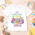 Personalised first day at school children’s t-shirt with kawaii school supplies, backpack and custom name design