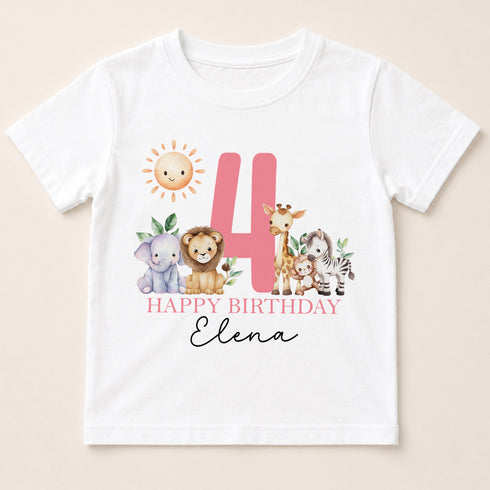 A white t-shirt with a pink number 4 and a happy birthday message printed on it, along with various animal illustrations.