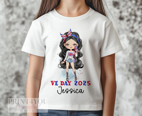 Personalised VE Day 2025 Girls T-Shirt with Custom Name Hair Skin Tone Soft Cotton Union Jack Design Ages 0-12