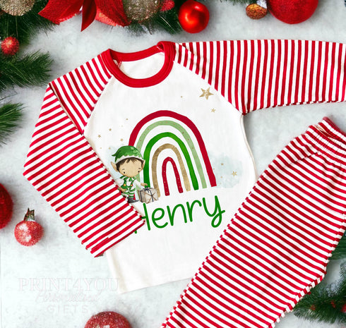 Personalised Red & White Striped Children's Christmas Pyjamas - Girl or Boy Elf