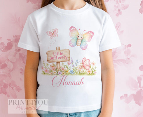 Personalised butterfly children’s t-shirt with pastel butterflies, floral garden sign and custom name for girls