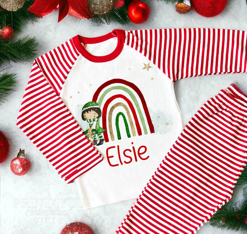 Personalised Red & White Striped Children's Christmas Pyjamas - Girl or Boy Elf