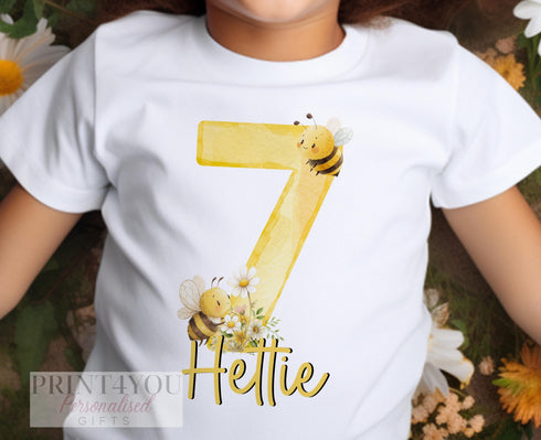 Personalised Bee Birthday T-Shirt – Custom Name & Age Top for Girls 1–10 – Yellow Daisy Design, Cotton DTG Tee, Gift Idea
