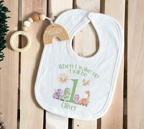 Personalised When I Wake Up I Will Be One Sleepsuit and vest, Green Dinosaur First Birthday Outfit.