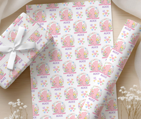 Personalised Birthday Wrapping Paper | Floral Pink Name Age Wrap