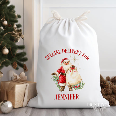 Personalised Santa Sack | Special Delivery Christmas Sack 70x50cm | Kids Xmas Gift Bag with Name