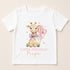 A white t-shirt with a giraffe and balloons printed on it, along with the text "Happy Birthday Freya".