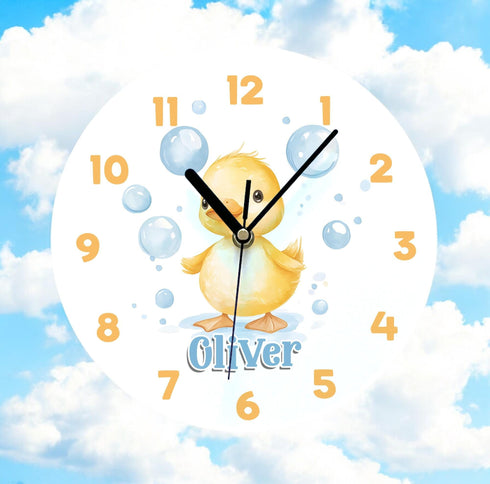 Personalised Acrylic Nursery Clock with Yellow Duck for Baby Girl - Unique New Baby Gift 245cm.