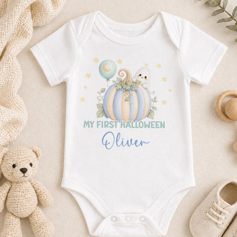 Baby First Halloween Outfit, Personalised Blue Pumpkin Sleepsuit