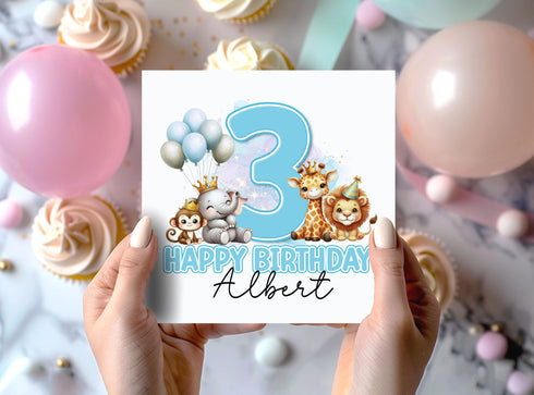 Personalised Party Safari Birthday Card, First Birthday Card, 6x6" White Square, Card For Children, Greeting card for Son, Grandson, Brother