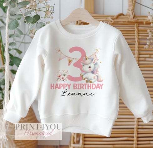 Personalised Birthday Age Sweatshirt Jumper For Children. Any Age, White Cotton Sweatshirt - Pink Party Unicorn, Number and name