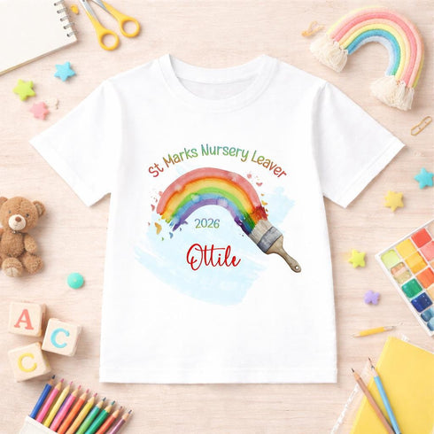 Personalised Nursery Leaver T Shirt 2026 Rainbow Paint Brush Kids Preschool Leavers Shirt Custom Name Graduation Tee