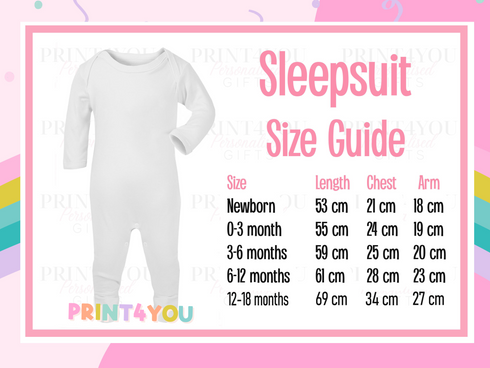 Size guide for personalised baby vest and onesie sizing from newborn to toddler