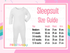 The image is a size guide for a white onesie, providing measurements for newborns, babies, and toddlers.