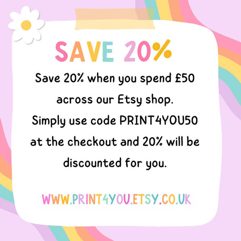 a sign that says save 20 % when you spend $ 50 across our etsy