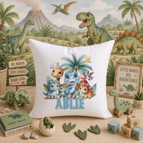 a collection of dinosaur-themed items, including a pillow with a cartoon illustration of a group of small, colorful dinosaurs, a toy dinosaur, and various other dinosaur figurines and toys. The scene also includes a sign that says "Be Brave Stay Curious Roar Loud" and a sign that says "Little Hands Big Adventures".