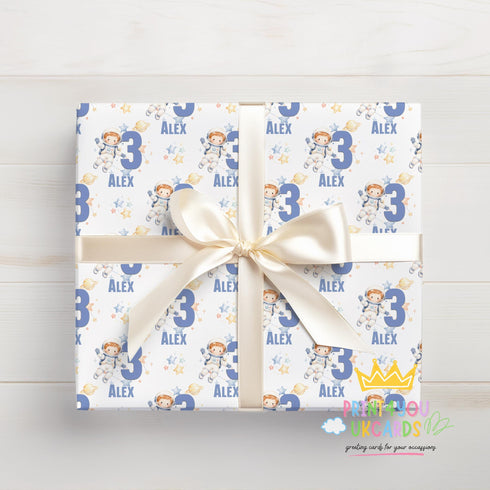 Personalised Space Wrapping Paper - Custom Name Birthday Paper With Cute Astronaut Gift Wrap