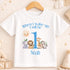 A white t-shirt with a personalized design featuring a sun and various animals, along with the text "When I wake up I will be Noah".