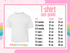 The image is a size guide for a white t-shirt, providing measurements for different age groups such as 0-3 months, 3-6 months, 6-12 months, 2-3 years, 2-4 years, 4-5 years, and 5-6 years.