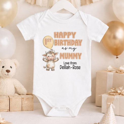 Personalised First Birthday Outfit - Highland Cow Design | Gift From Baby to Mummy or Daddy