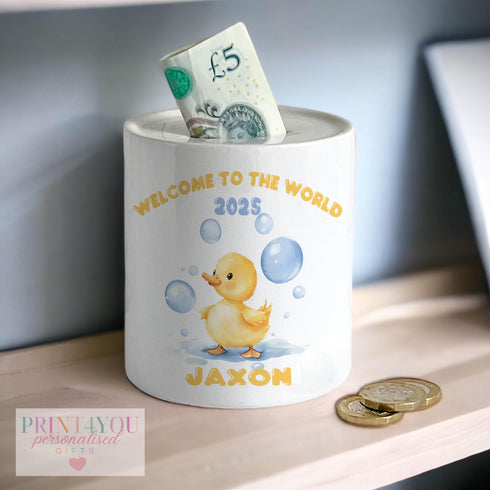 Personalised Baby Duck Money Box - Cute Ceramic Coin Bank for New Baby Gift