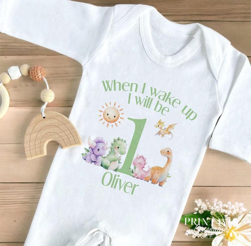 Personalised When I Wake Up I Will Be One Sleepsuit and vest, Green Dinosaur First Birthday Outfit.