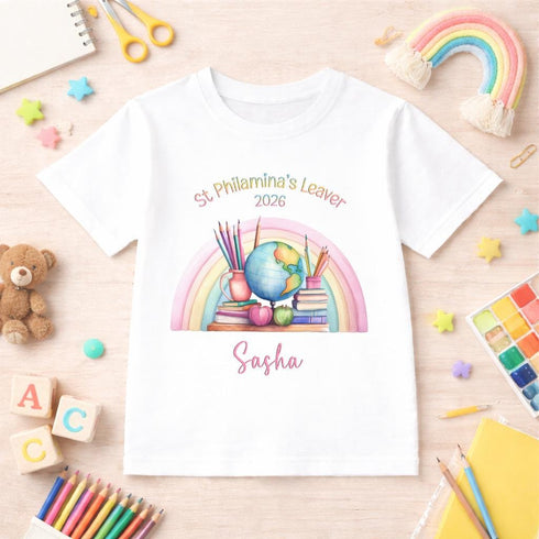 Personalised Nursery Leaver T Shirt 2026 Rainbow School Globe Design Kids Preschool Graduation Tee Custom Name Shirt