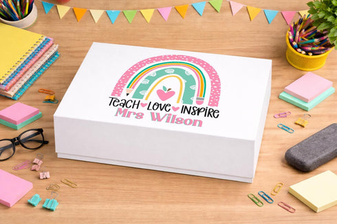 Personalised Teacher Gift Box – Custom Name Rainbow Keepsake – Thank You Teacher Gift - Medium 16x20x8 cm Centimeters
