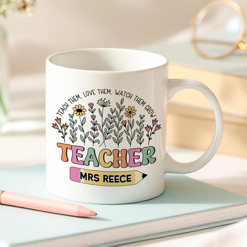 Personalised Teacher Mug – Floral Ceramic Cup With Custom Name – Thank You Gift