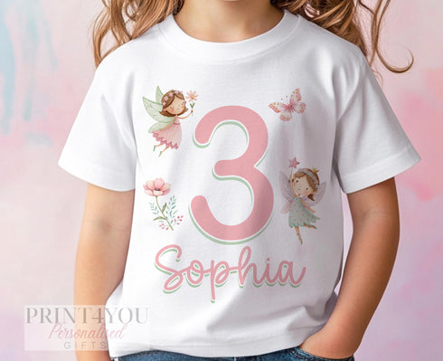 Fairy Birthday T-Shirt Personalised | Pink Green Fairy Age Tee for Girls | DTG Printed Cotton Birthday Top | 6m-10yrs
