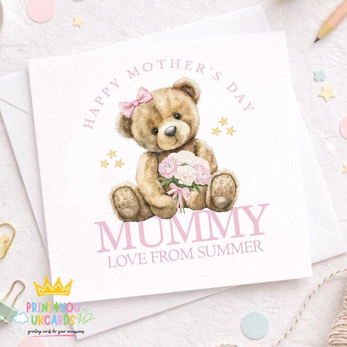 Personalised Mothers Day Card – Pink Teddy Bear With Love From Daughter Keepsake