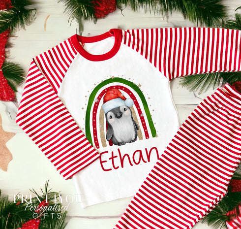 Personalised Red & White Striped Children's Christmas Pyjamas - Cute penguin