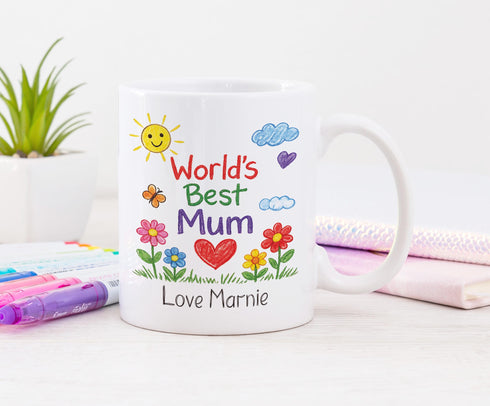 Personalised Mum Mug – Child’s Drawing Crayon Style Cup – Mothers Day Gift