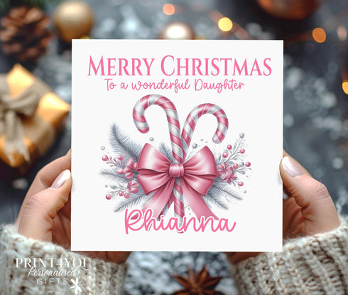 Personalised Christmas Card β Pink Candy Canes Design β Any Name & Relation β 6x6β Card with Envelope β Blank Inside