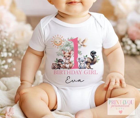 1st Birthday Girl Outfit, Australian Animal Baby Vest, Personalised Birthday Bodysuit, Pink Custom Baby T-Shirt, Koala Kangaroo Sleepsuit