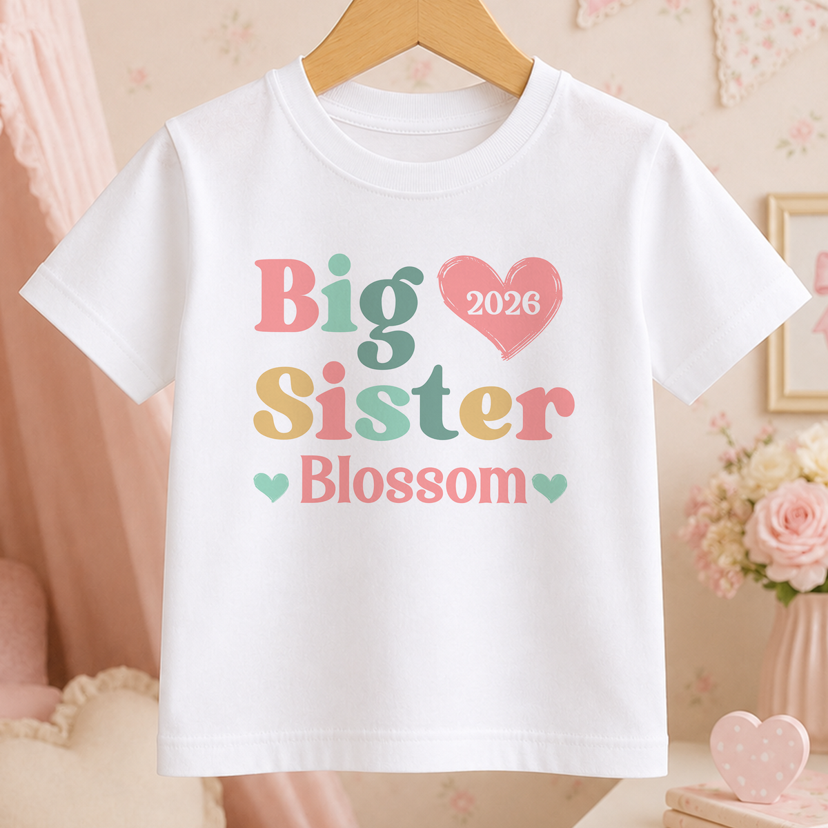 A white t-shirt with a colorful graphic design that says "Big Sister Blossom" and features a heart symbol.