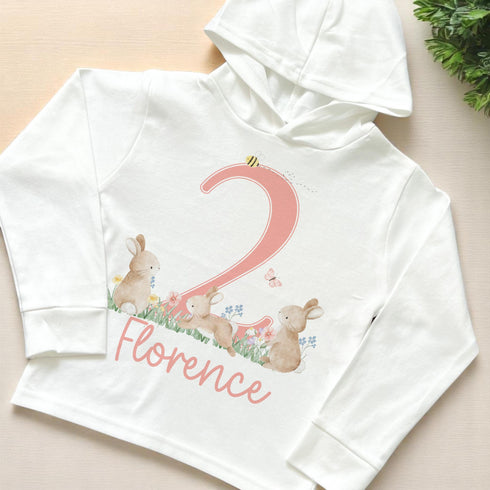 Birthday Bunny Rabbit Personalised Lightweight long-sleeved t-shirt with hood - Super Soft cotton jersey top, Numbers 1-5