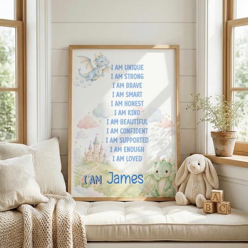 a poster with a list of personal qualities and a dragon illustration, placed in a room with a window and a stuffed animal rabbit.