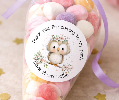 Personalised owl thank you stickers, woodland owl party bag labels, cute owl sweet cone stickers custom birthday favours