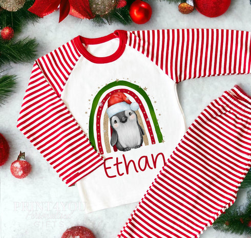 Personalised Red & White Striped Children's Christmas Pyjamas - Cute penguin