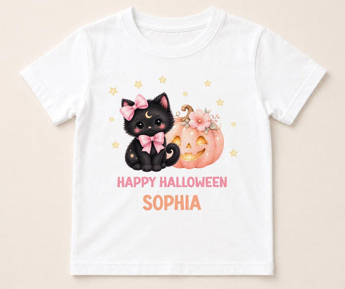 Personalised Halloween t-shirt featuring cute black kitten with pink bows, pink pumpkin and custom name on white children's Halloween shirt